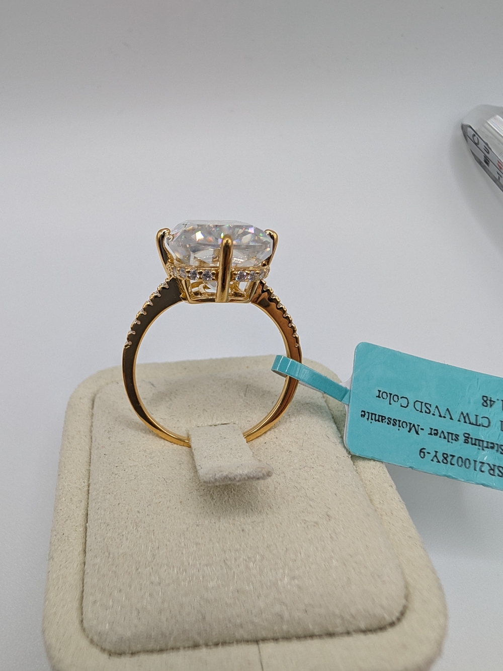 NWT 18.81 CTW Cushion Cut Moissanite Ring 925 Silver Size 9 Gold Vermeil - Picture 6 of 6